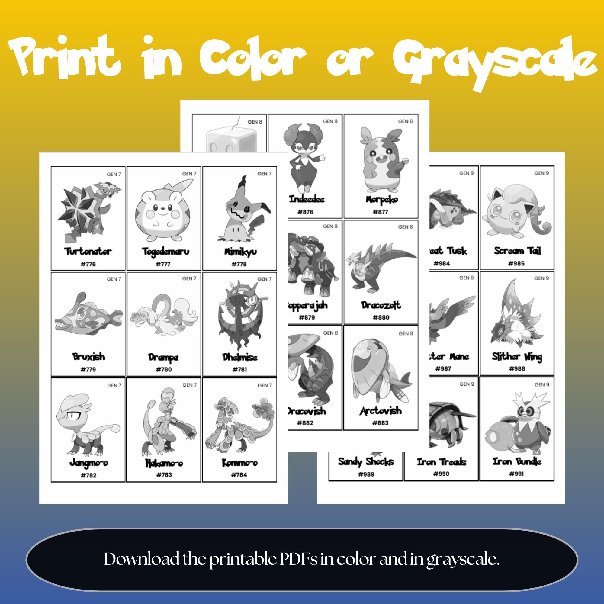 Printable national pokedex placeholders available in color and grayscale designed for Pokémon binder organization and easy home printing.