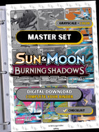 Burning Shadows master set binder page showing grayscale and color Pokémon cards, designed as a digital download with checklist to complete a collector’s binder.