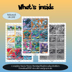 Burning Shadows master set overview showing the included Pokémon cards to print and a full color checklist for the Sun & Moon binder.