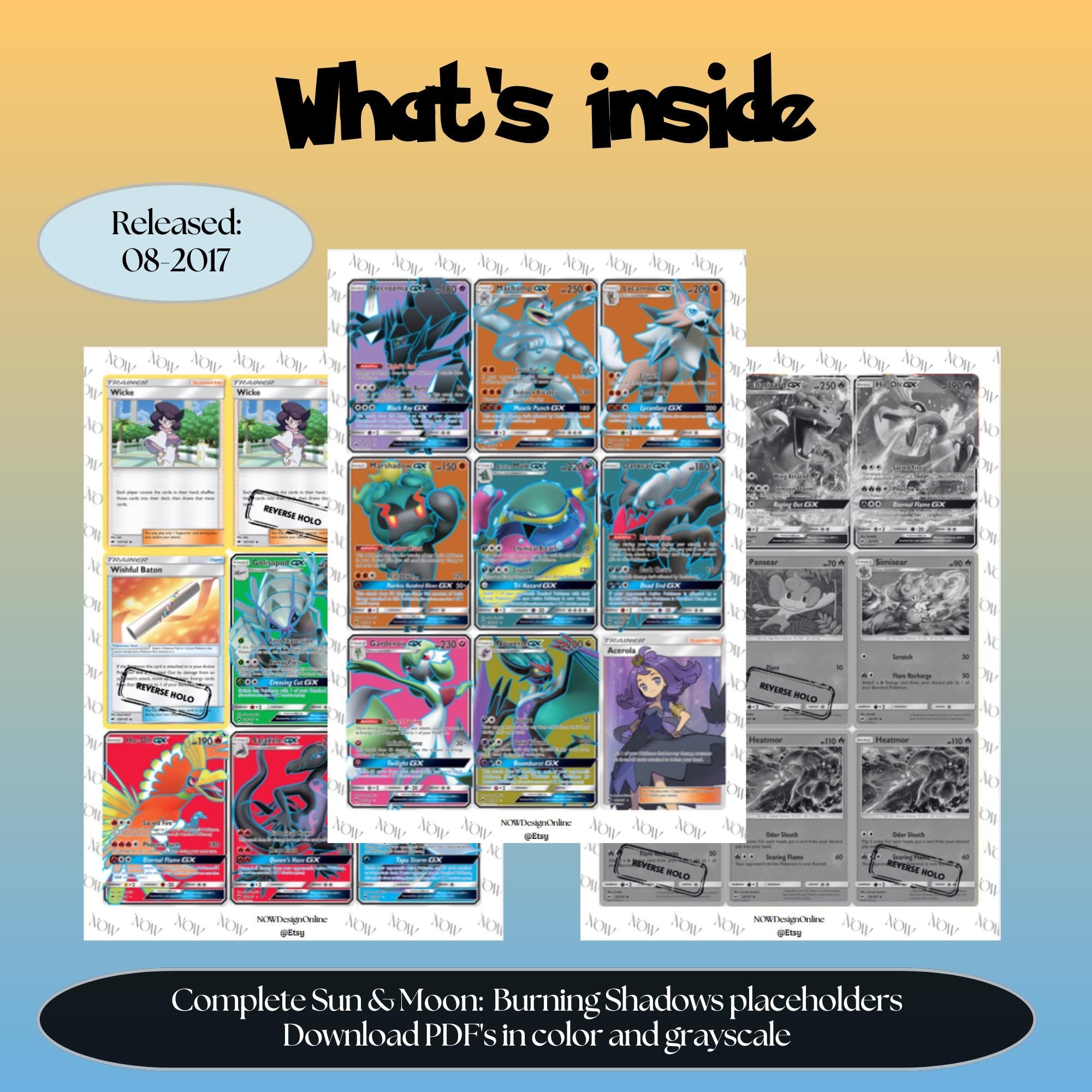 Burning Shadows master set overview showing the included Pokémon cards to print and a full color checklist for the Sun & Moon binder.