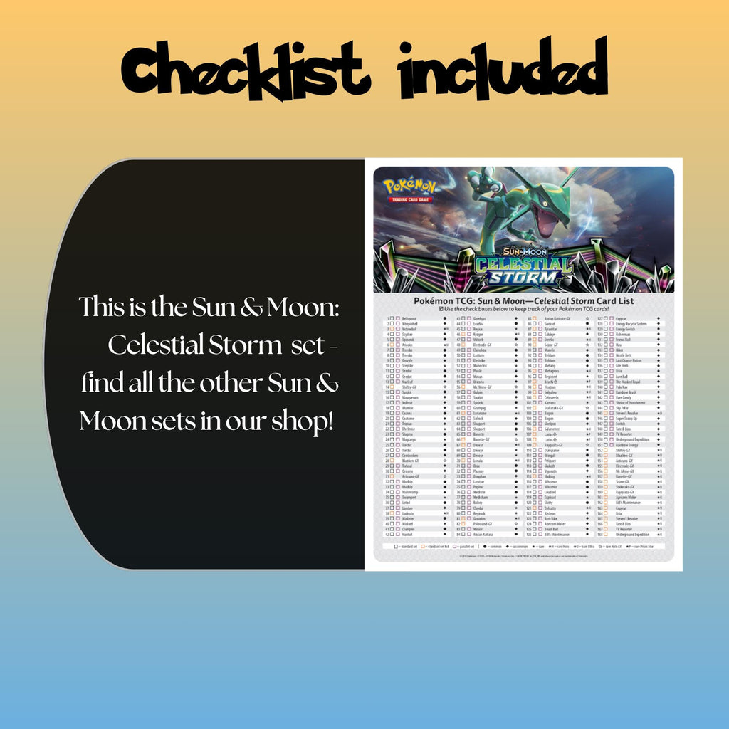 Example of the checklist that’s included to see which cards are all in the Celestial Storm set from the Sun & Moon Series.