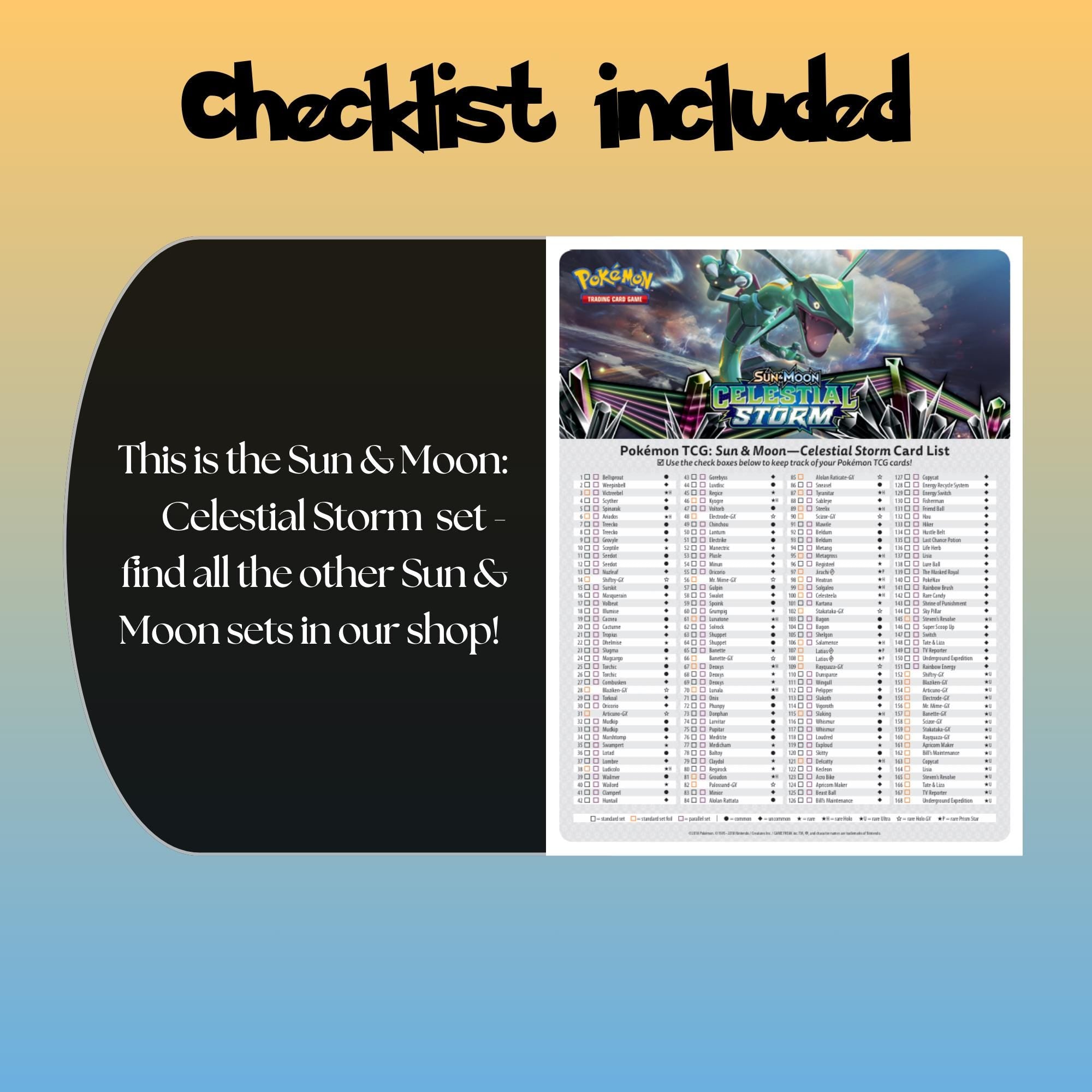 Example of the checklist that’s included to see which cards are all in the Celestial Storm set from the Sun & Moon Series.