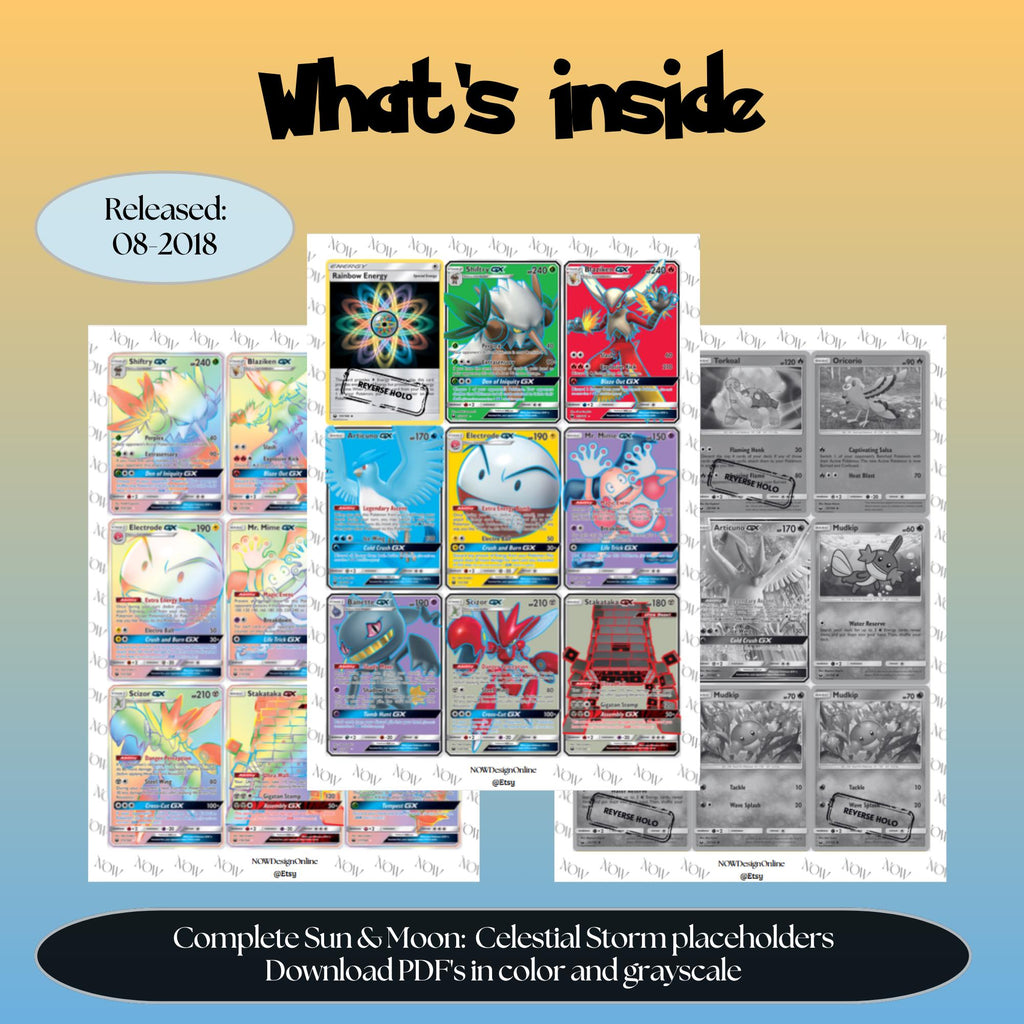 Sun & Moon: Celestial Storm master set overview showing the included Pokémon cards to print and a full color checklist for the Sun & Moon binder.