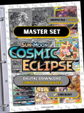 Sun & Moon: Cosmic Eclipse master set binder page showing grayscale and color Pokémon cards, designed as a digital download with checklist to complete a collector’s binder.