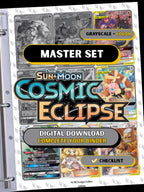 Sun & Moon: Cosmic Eclipse master set binder page showing grayscale and color Pokémon cards, designed as a digital download with checklist to complete a collector’s binder.