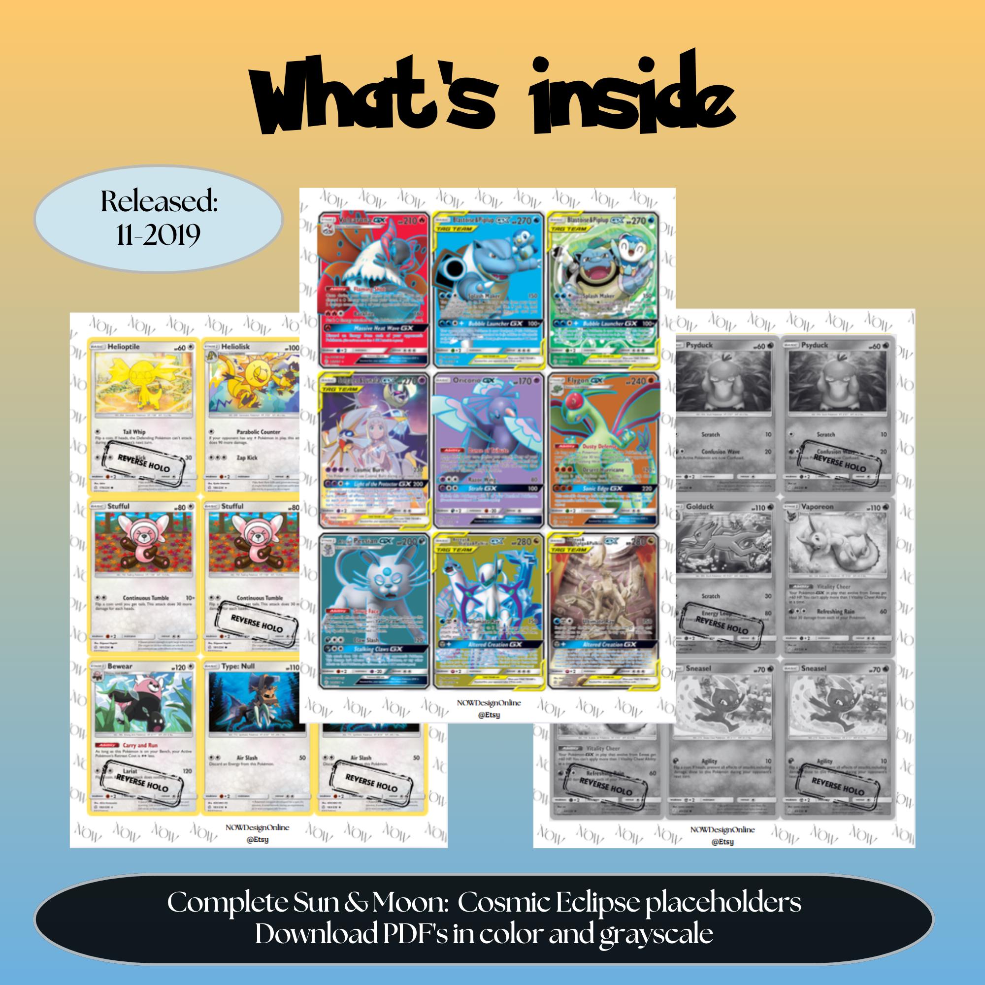 Sun & Moon: Cosmic Eclipse master set overview showing the included Pokémon cards to print and a full color checklist for the Sun & Moon binder.