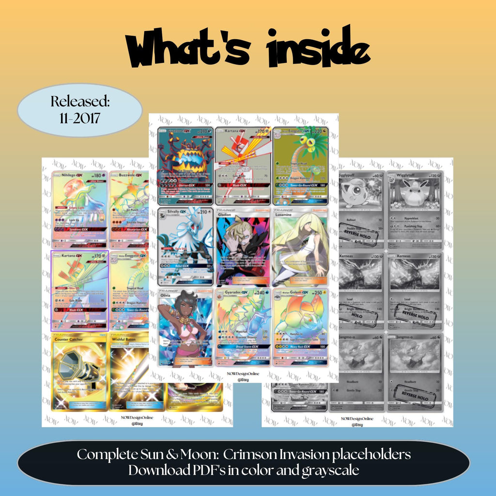 Sun & Moon: Crimson Invasion master set overview showing the included Pokémon cards to print and a full color checklist for the Sun & Moon binder.