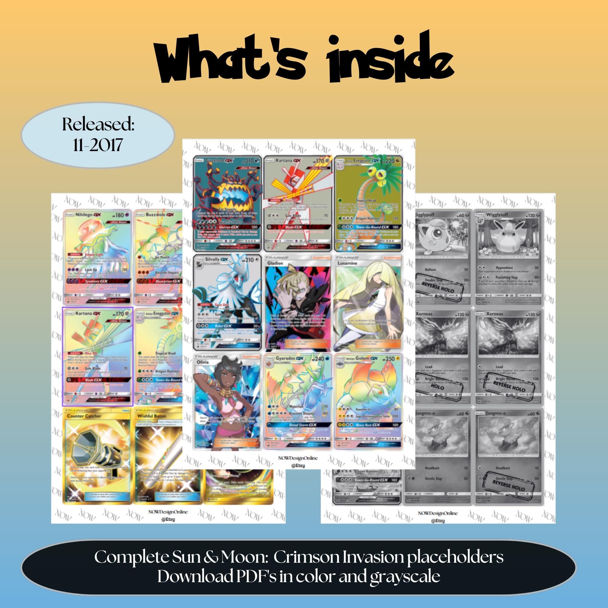 Sun & Moon: Crimson Invasion master set overview showing the included Pokémon cards to print and a full color checklist for the Sun & Moon binder.