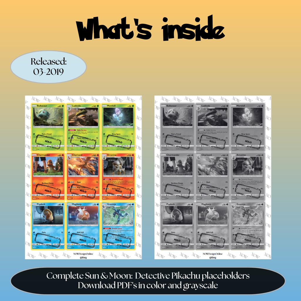 Detective Pikachu master set overview showing the included Pokémon cards to print and a full color checklist for the Sun & Moon binder.