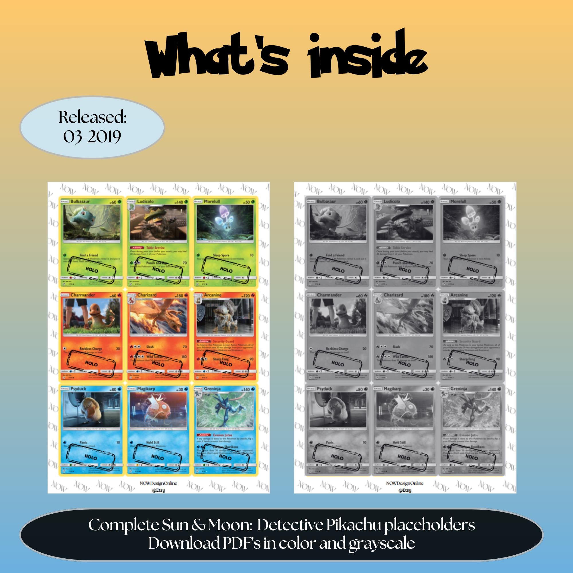 Detective Pikachu master set overview showing the included Pokémon cards to print and a full color checklist for the Sun & Moon binder.