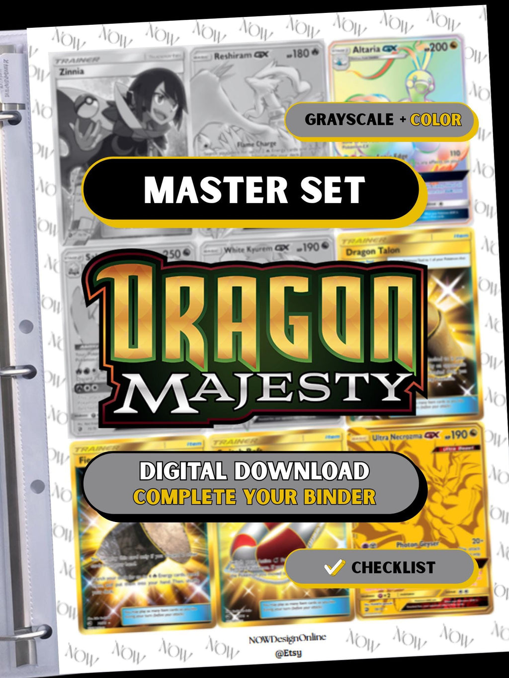 Sun & Moon: Dragon Majesty master set binder page showing grayscale and color Pokémon cards, designed as a digital download with checklist to complete a collector’s binder.