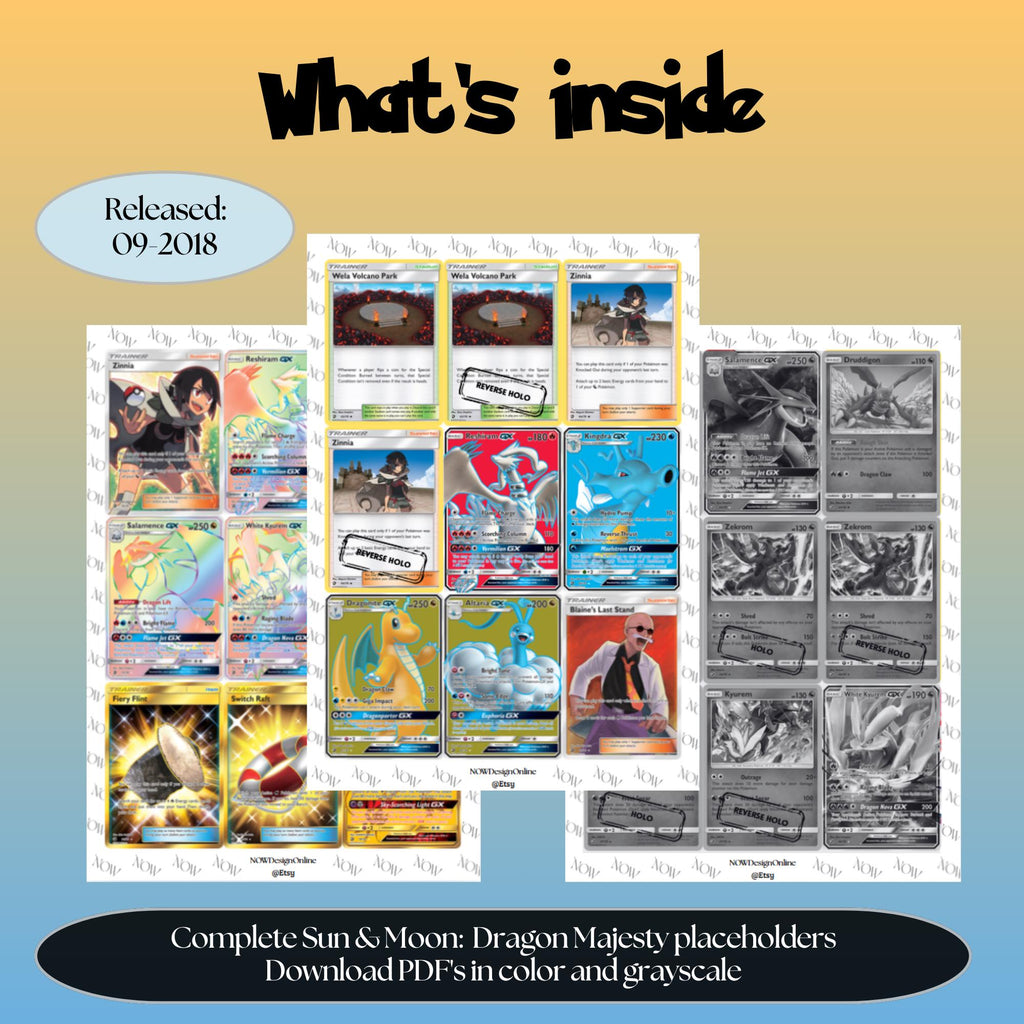 Sun & Moon: Dragon Majesty master set overview showing the included Pokémon cards to print and a full color checklist for the Sun & Moon binder.