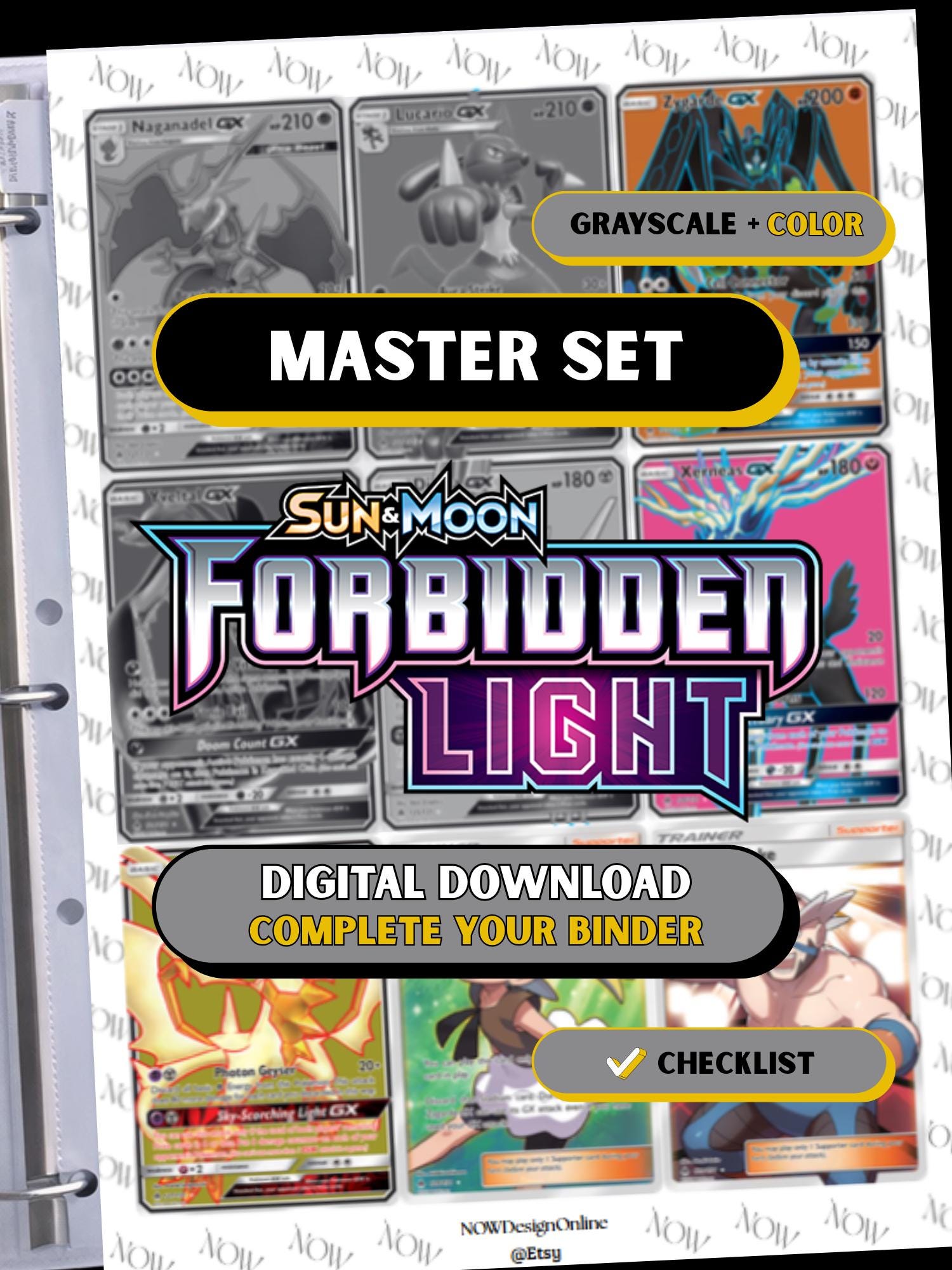 Sun & Moon: Forbidden Light master set binder page showing grayscale and color Pokémon cards, designed as a digital download with checklist to complete a collector’s binder.