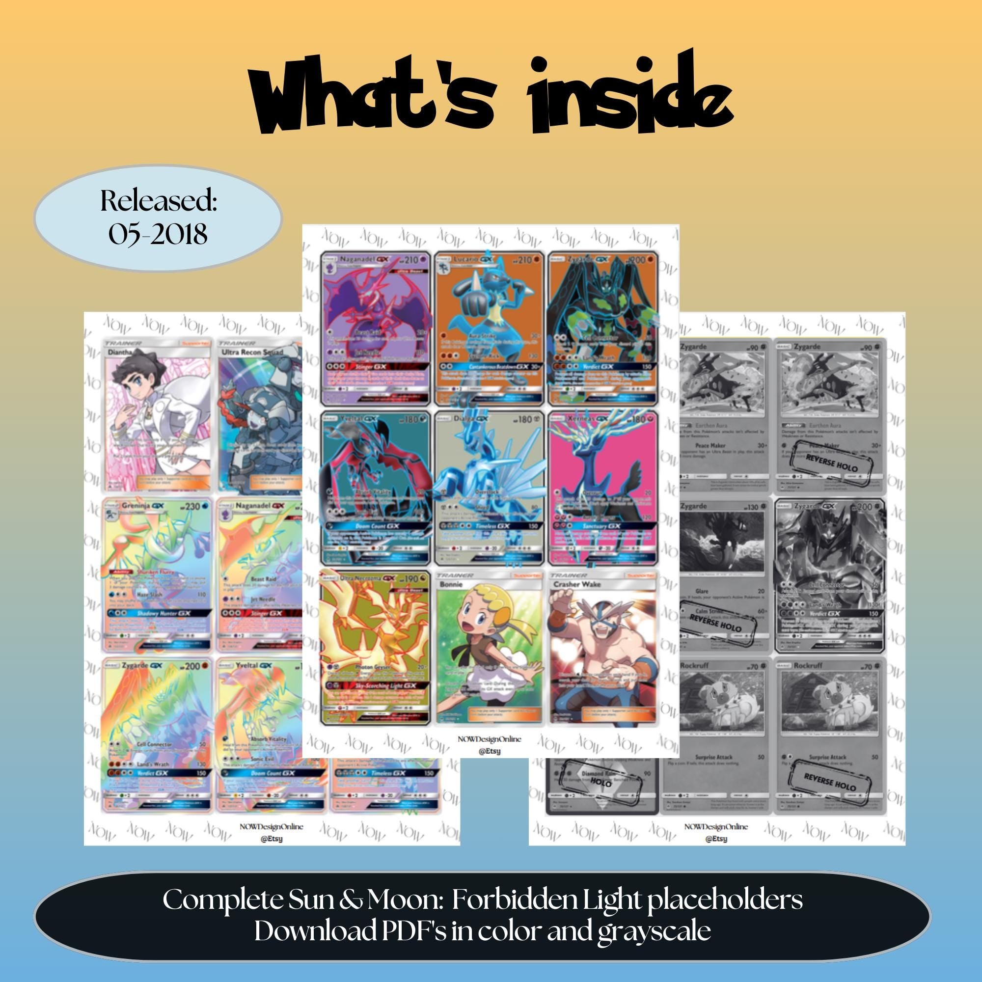 Sun & Moon: Forbidden Light master set overview showing the included Pokémon cards to print and a full color checklist for the Sun & Moon binder.