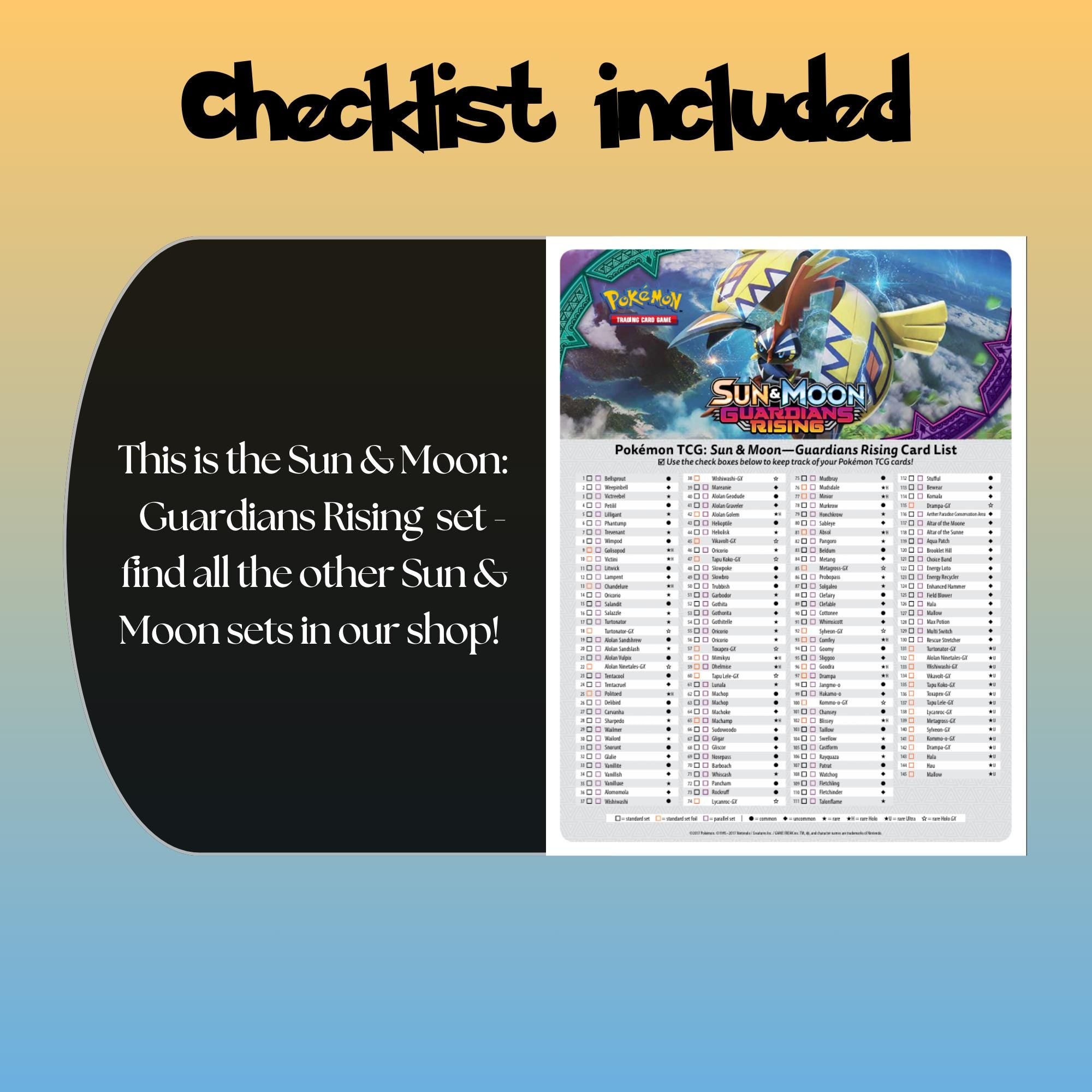 Example of the checklist that’s included to see which cards are all in the Guardians Rising set from the Sun & Moon Series.