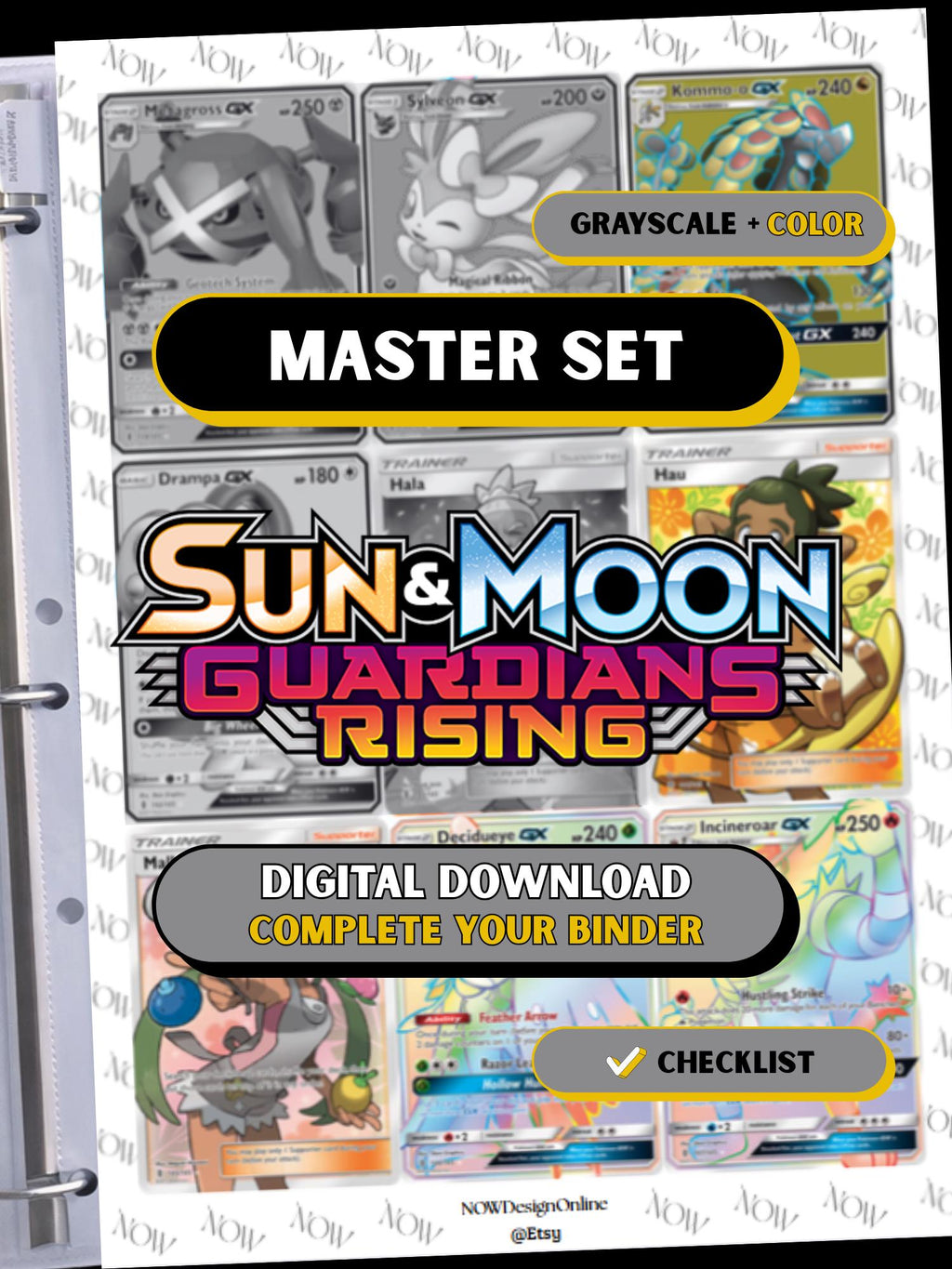 Sun & Moon: Guardians Rising master set binder page showing grayscale and color Pokémon cards, designed as a digital download with checklist to complete a collector’s binder.