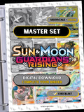 Sun & Moon: Guardians Rising master set binder page showing grayscale and color Pokémon cards, designed as a digital download with checklist to complete a collector’s binder.