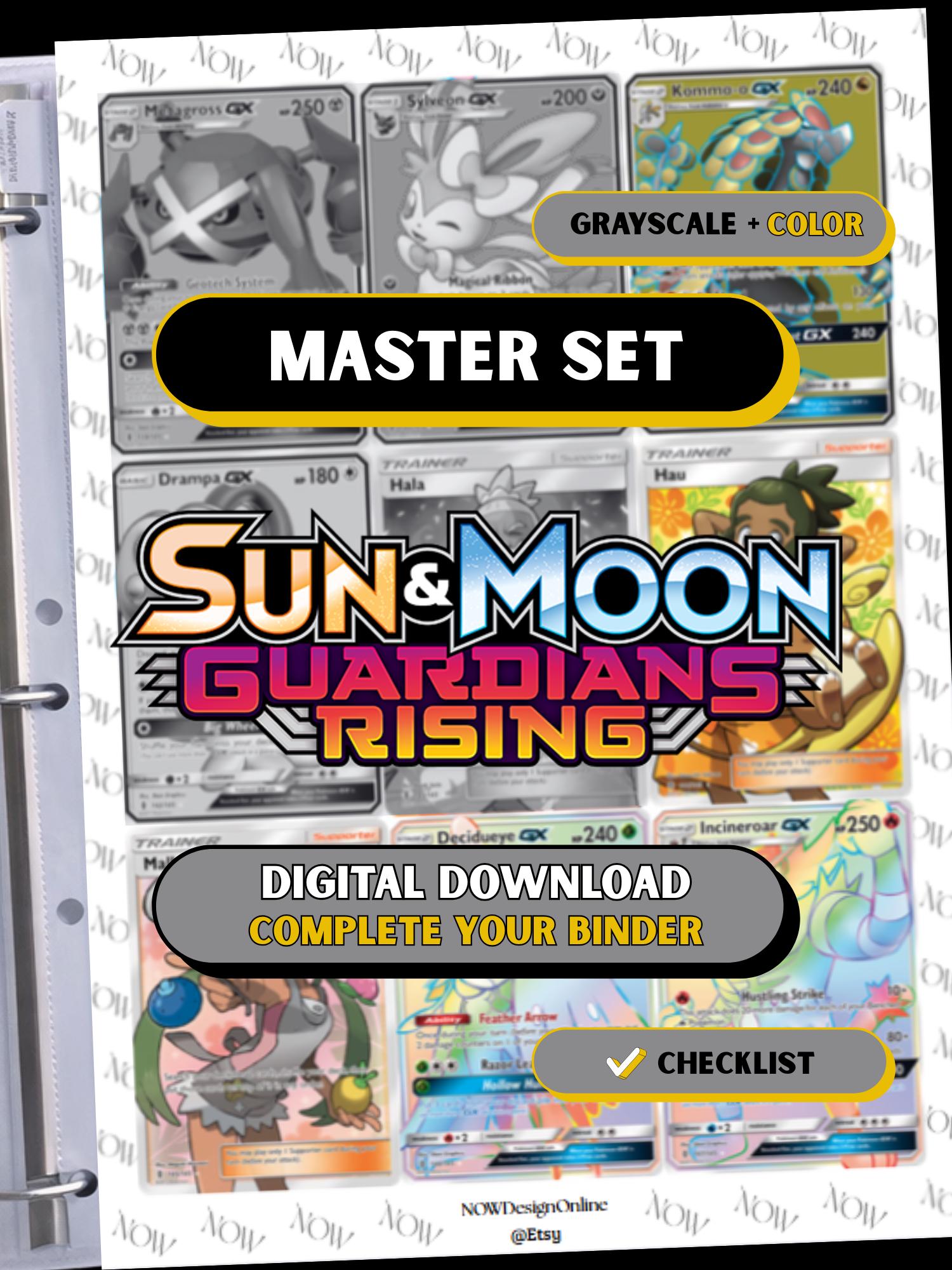 Sun & Moon: Guardians Rising master set binder page showing grayscale and color Pokémon cards, designed as a digital download with checklist to complete a collector’s binder.