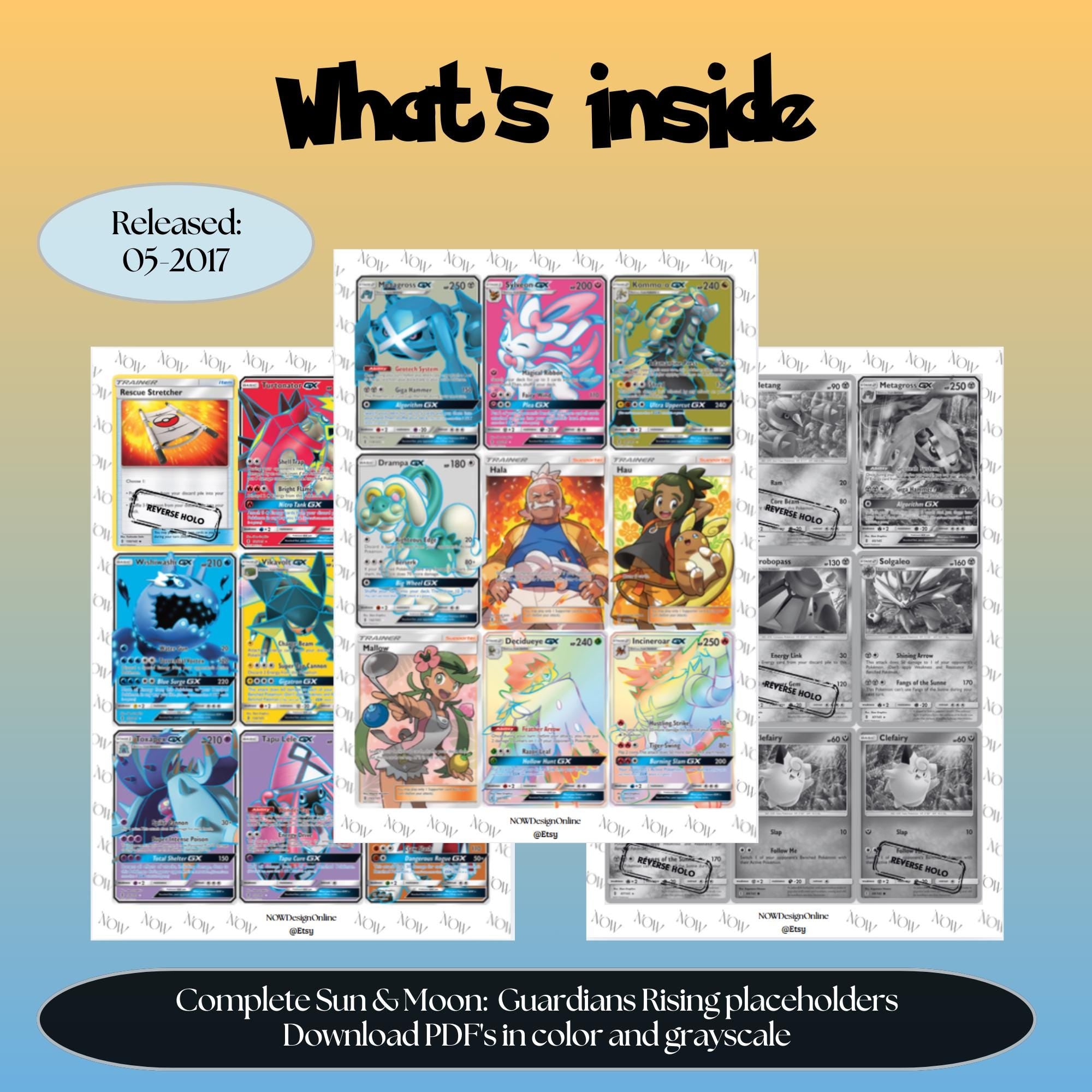 Sun & Moon: Guardians Rising master set overview showing the included Pokémon cards to print and a full color checklist for the Sun & Moon binder.