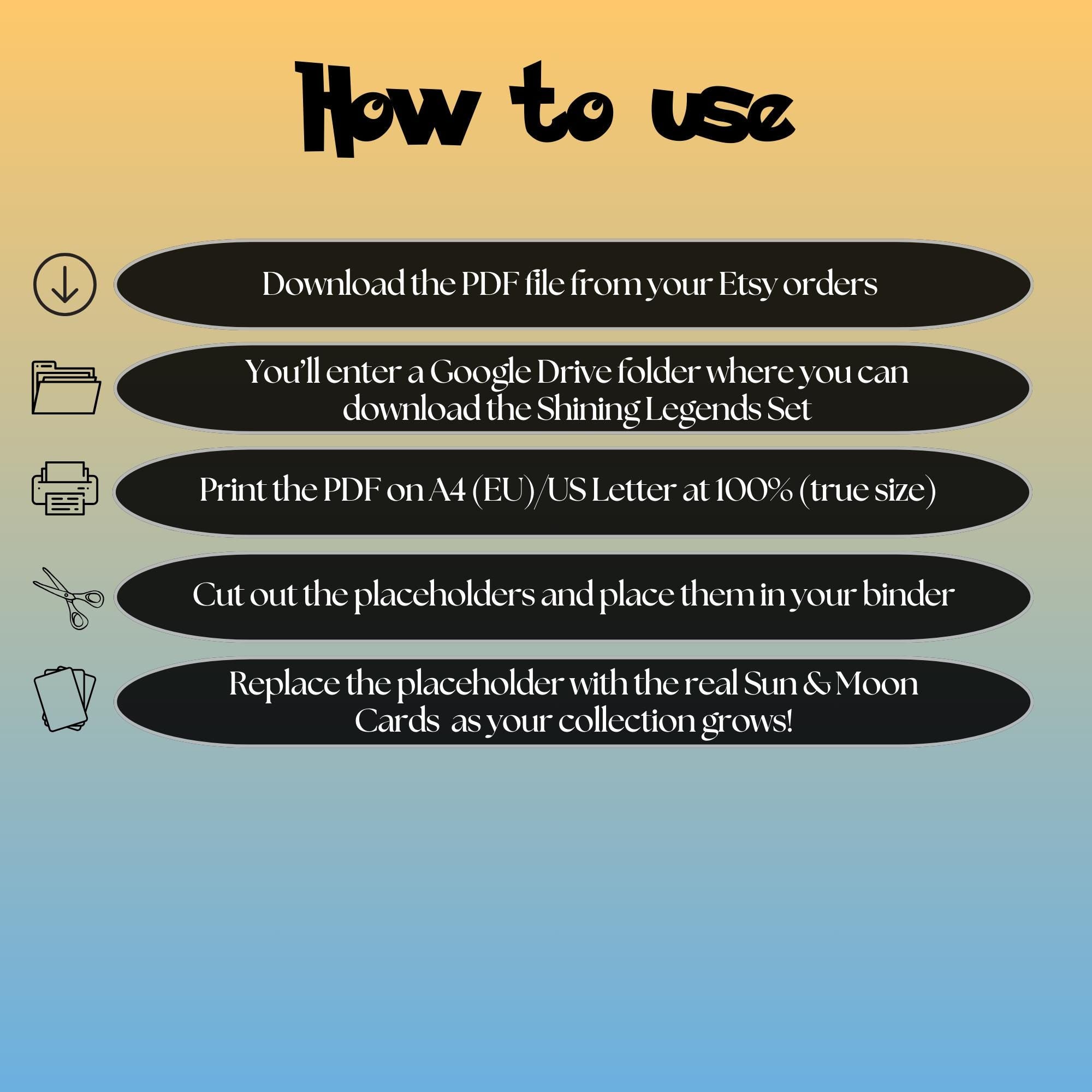 Shining Legends digital download instructions explaining how to print, cut, and place placeholders in a Pokémon binder.