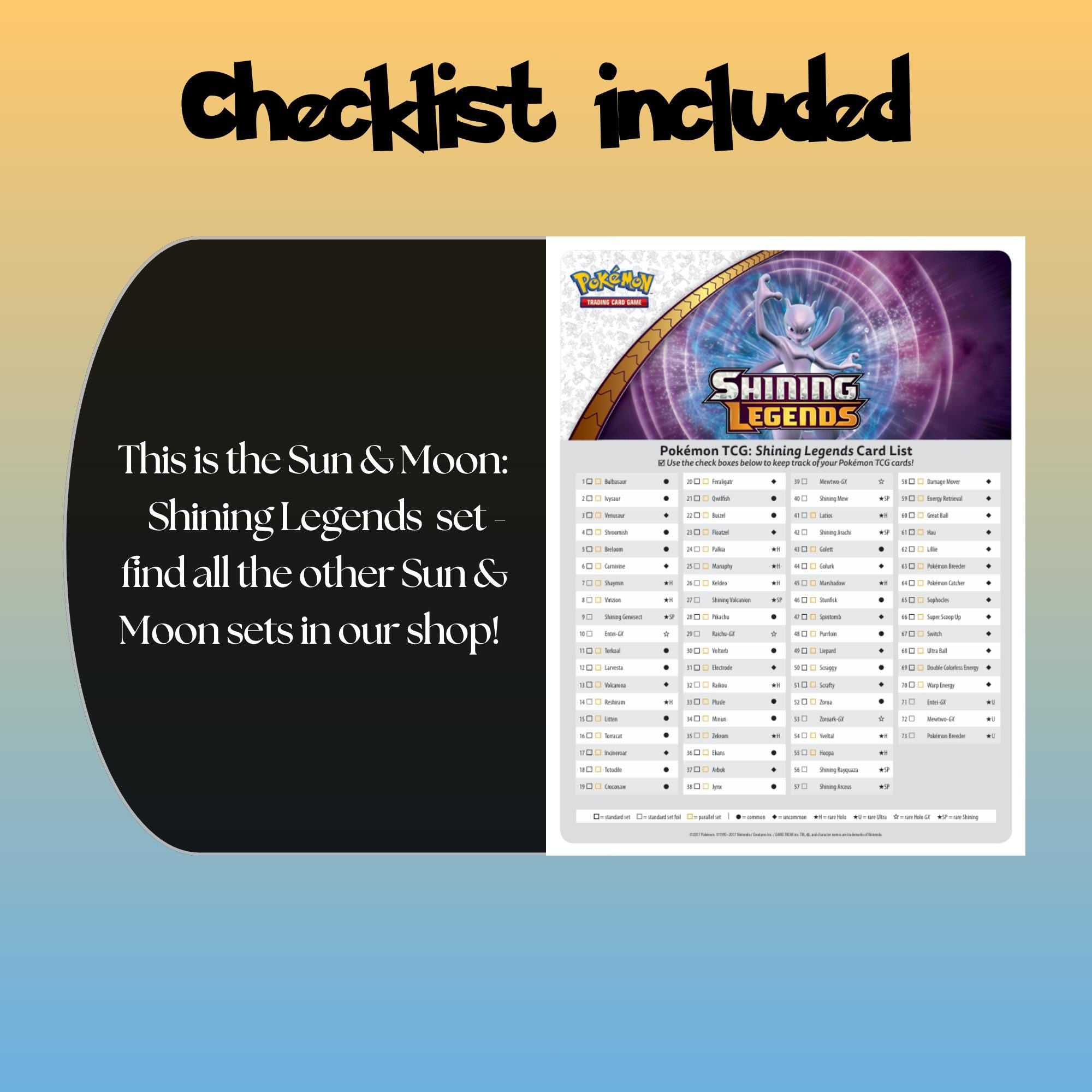 Example of the checklist that’s included to see which cards are all in the Shining Legends set from the Sun & Moon Series.