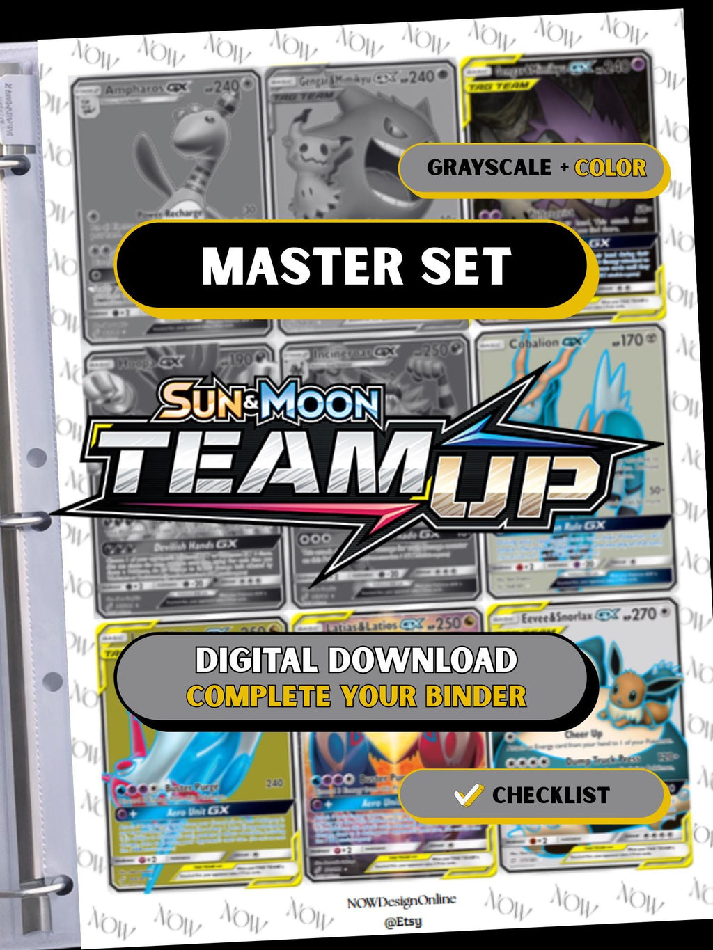 Sun & Moon: Team Up master set binder page showing grayscale and color Pokémon cards, designed as a digital download with checklist to complete a collector’s binder.