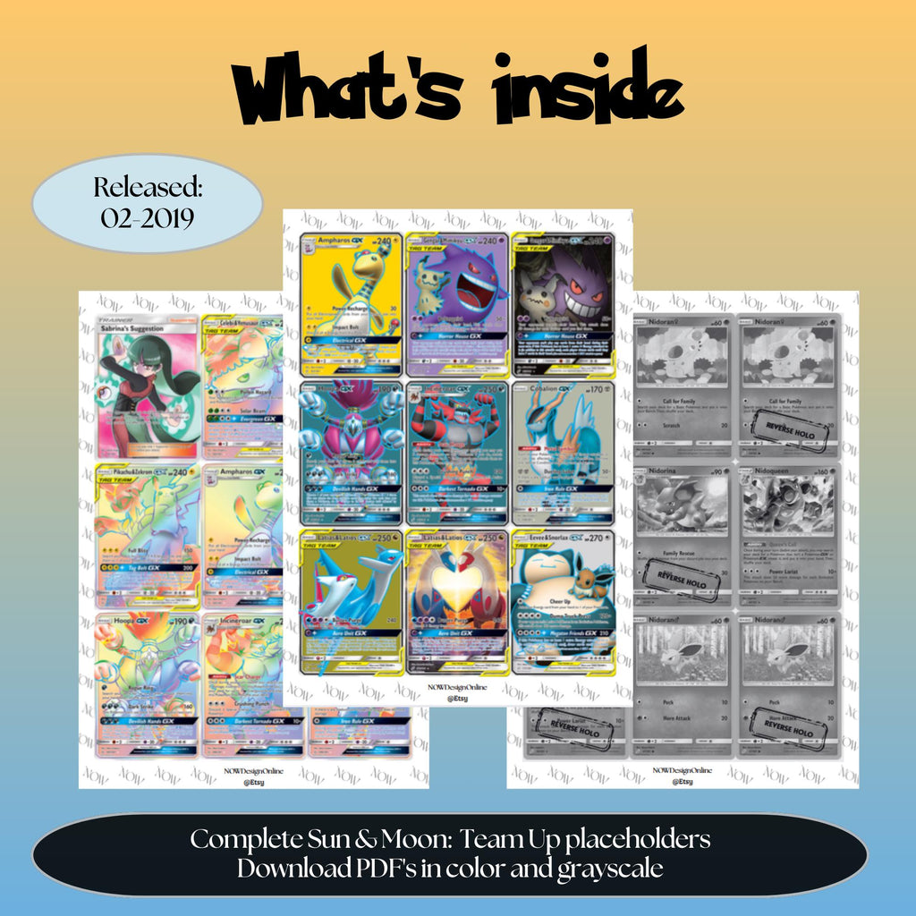 Sun & Moon: Team Up master set overview showing the included Pokémon cards to print and a full color checklist for the Sun & Moon binder.
