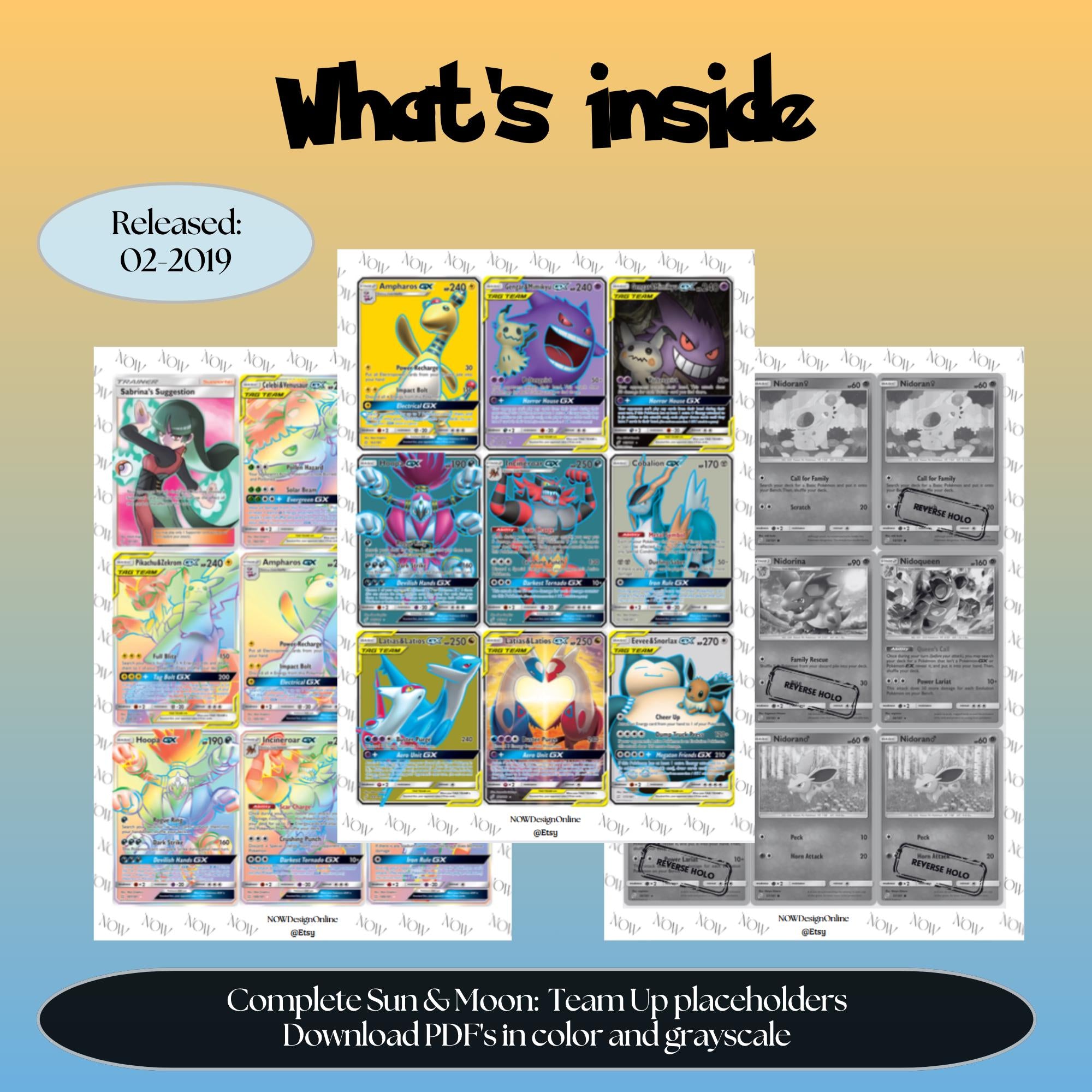 Sun & Moon: Team Up master set overview showing the included Pokémon cards to print and a full color checklist for the Sun & Moon binder.
