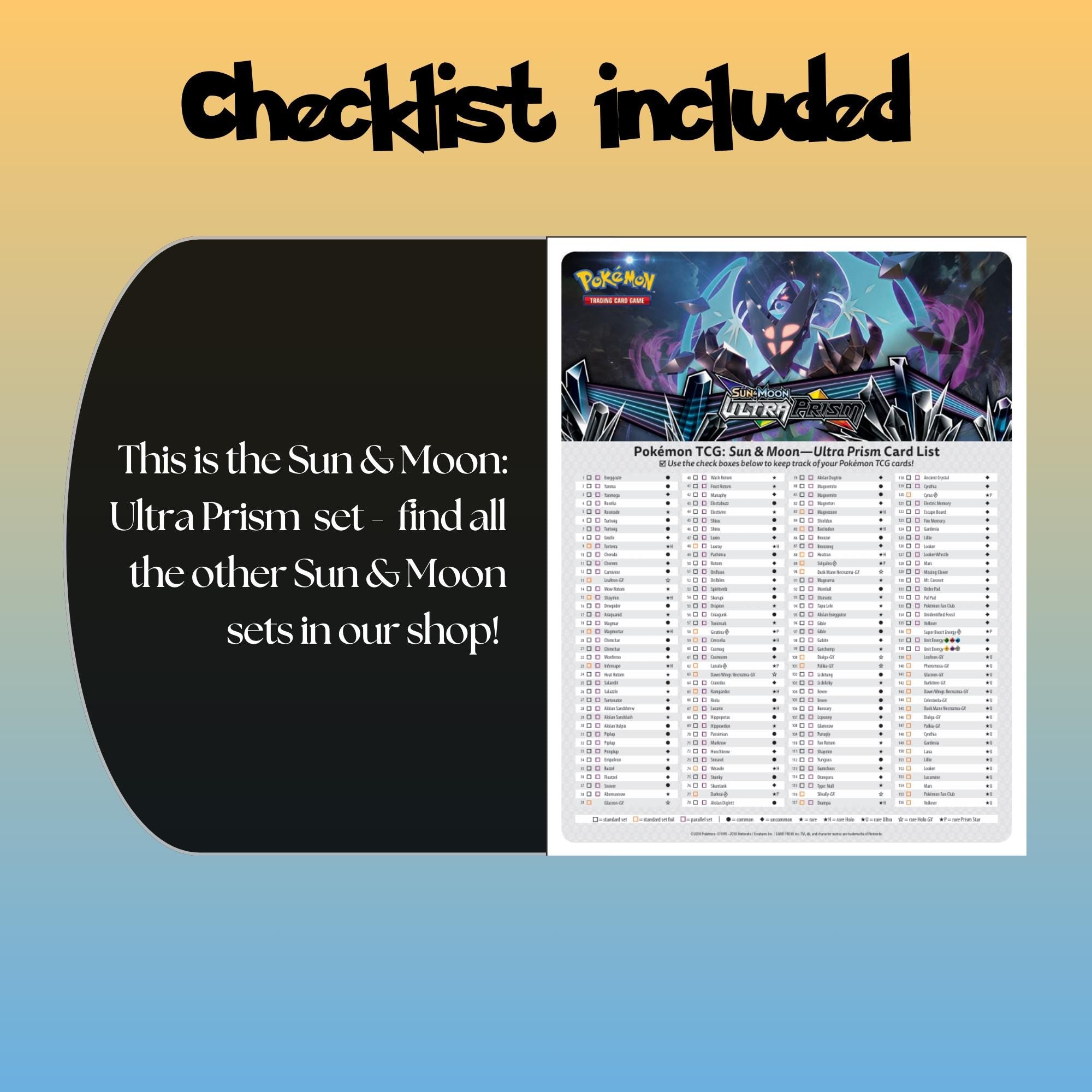 Example of the checklist that’s included to see which cards are all in the Ultra Prism set from the Sun & Moon Series.