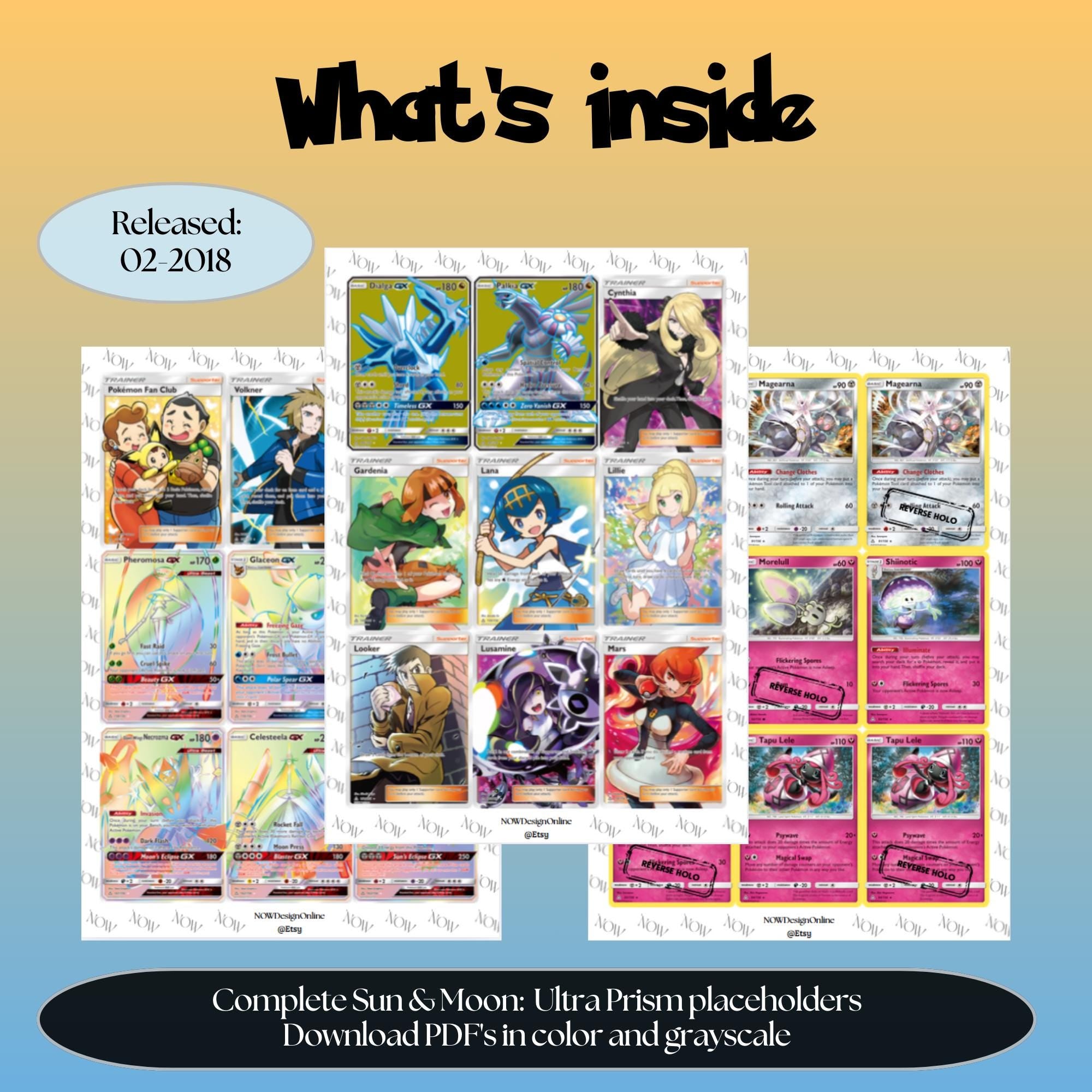 Sun & Moon: Ultra Prism master set overview showing the included Pokémon cards to print and a full color checklist for the Sun & Moon binder.