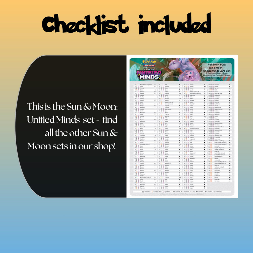 Example of the checklist that’s included to see which cards are all in the Unified Minds set from the Sun & Moon Series.