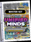 Unified Minds master set binder page showing grayscale and color Pokémon cards, designed as a digital download with checklist to complete a collector’s binder.