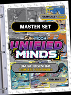 Unified Minds master set binder page showing grayscale and color Pokémon cards, designed as a digital download with checklist to complete a collector’s binder.