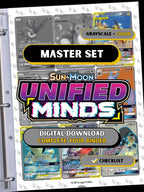 Unified Minds master set binder page showing grayscale and color Pokémon cards, designed as a digital download with checklist to complete a collector’s binder.