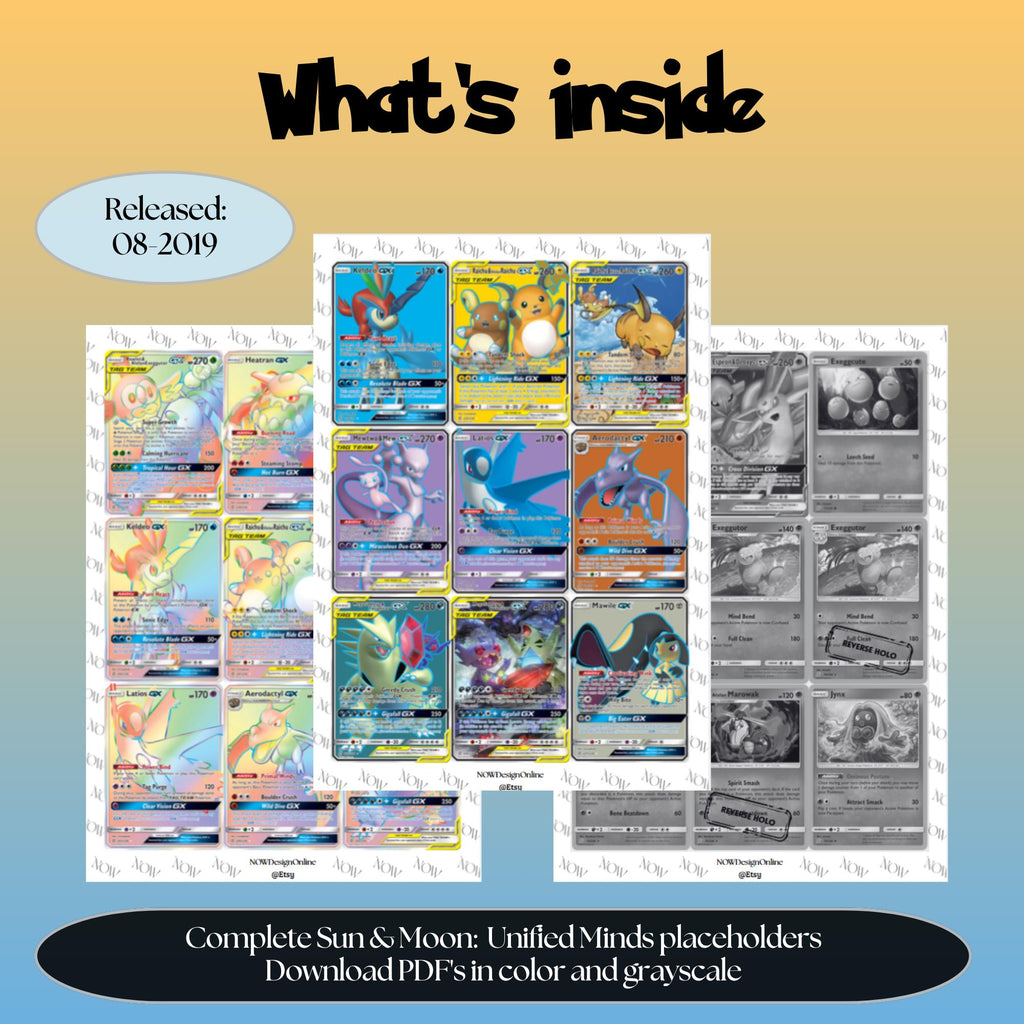 Unified Minds master set overview showing the included Pokémon cards to print and a full color checklist for the Sun & Moon binder.