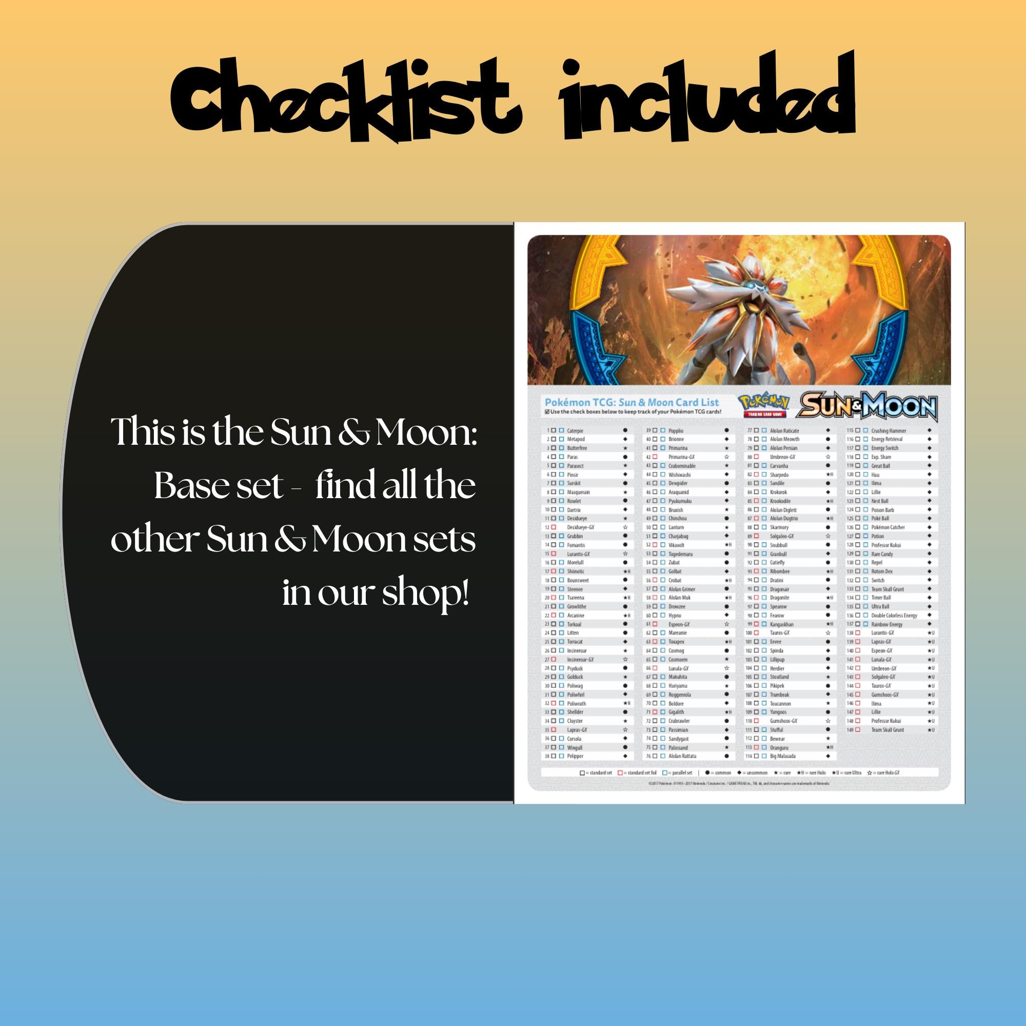 Example of the checklist that’s included to see which cards are all in the Base set from the Sun & Moon Series.