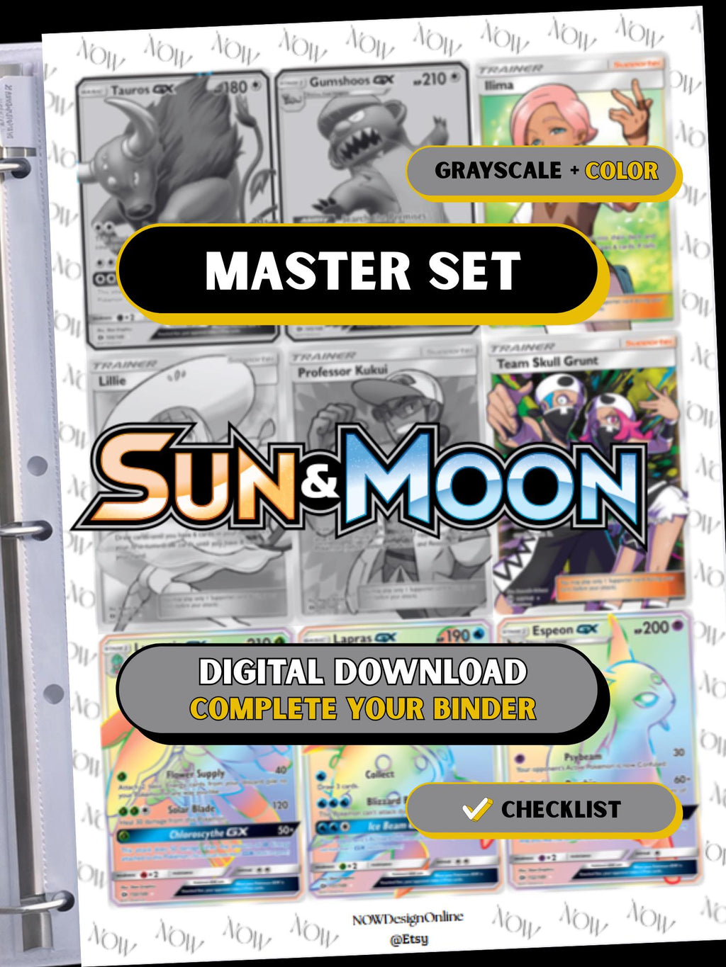 Sun & Moon Base set binder page showing grayscale and color Pokémon cards, designed as a digital download with checklist to complete a collector’s binder.