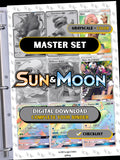 Sun & Moon Base set binder page showing grayscale and color Pokémon cards, designed as a digital download with checklist to complete a collector’s binder.