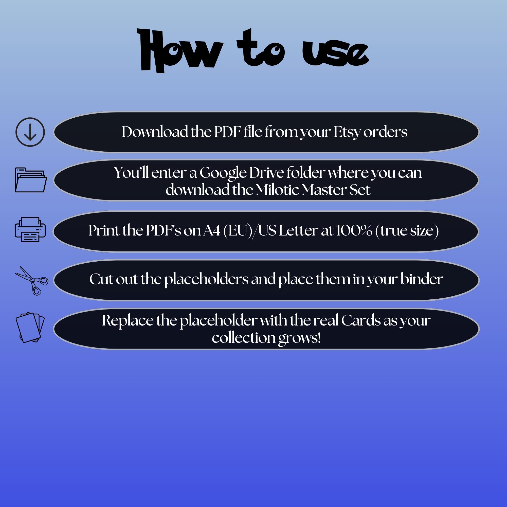 Milotic cards digital download instructions explaining how to print, cut, and place placeholders in a Pokémon binder.