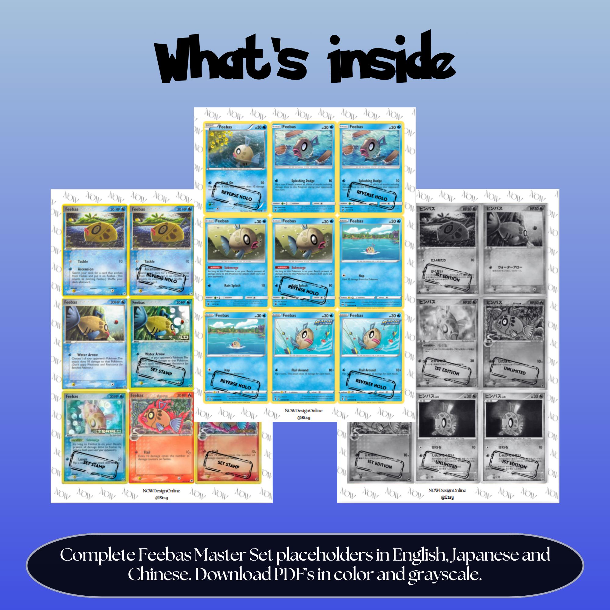 Feebas binder pages set overview showing the included Pokémon cards to print and cut for your binder sleeves.