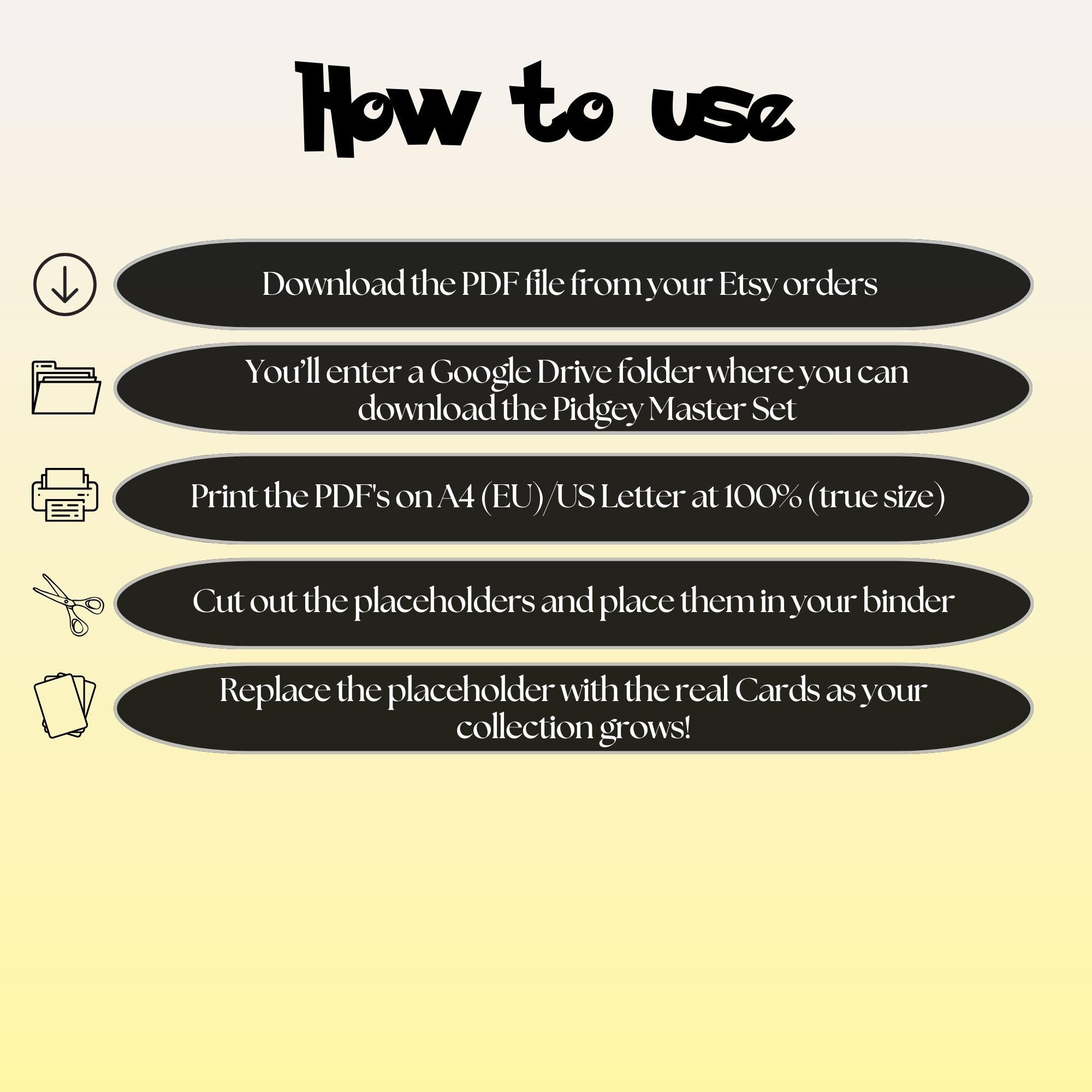 Pidgey cards digital download instructions explaining how to print, cut, and place placeholders in a Pokémon binder.