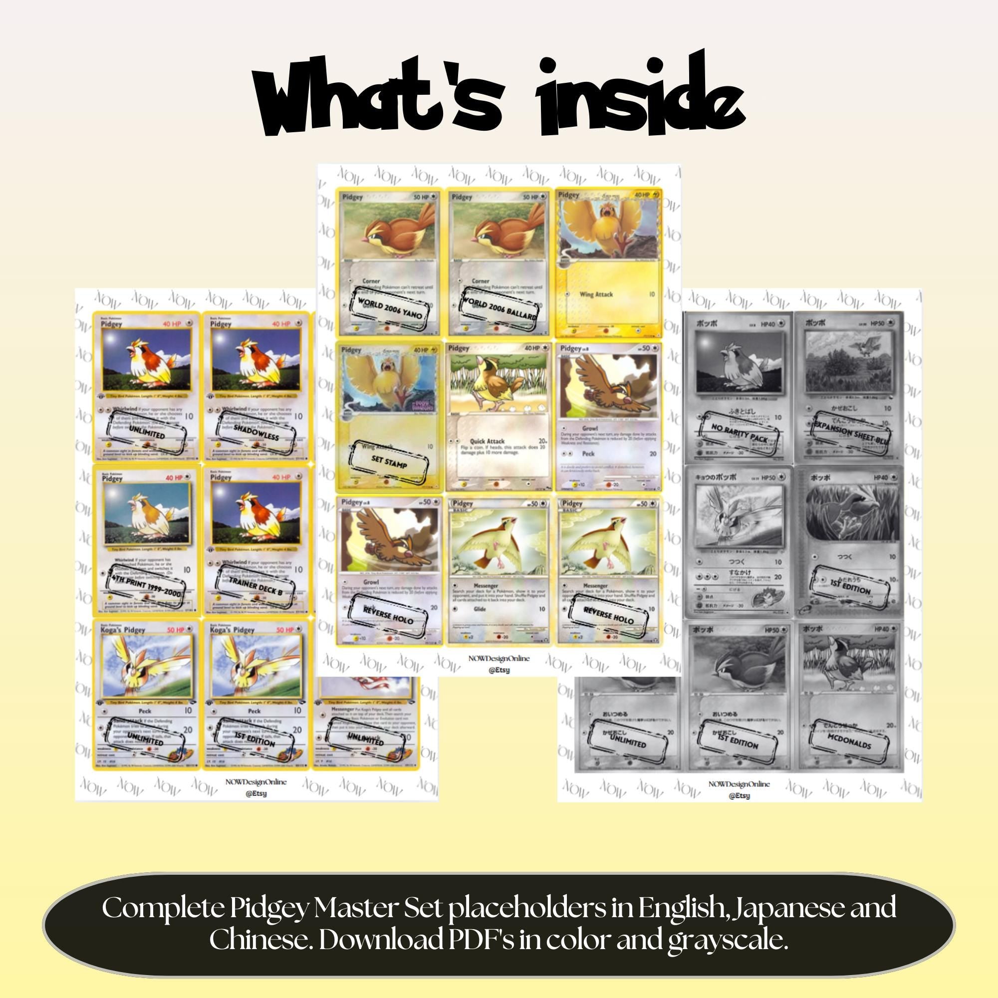 Pidgey binder pages set overview showing the included Pokémon cards to print and cut for your binder sleeves.