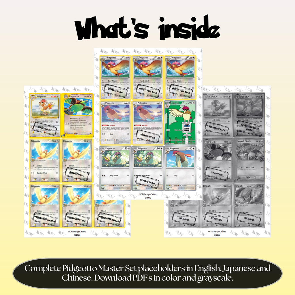 Pidgeotto binder pages set overview showing the included Pokémon cards to print and cut for your binder sleeves.