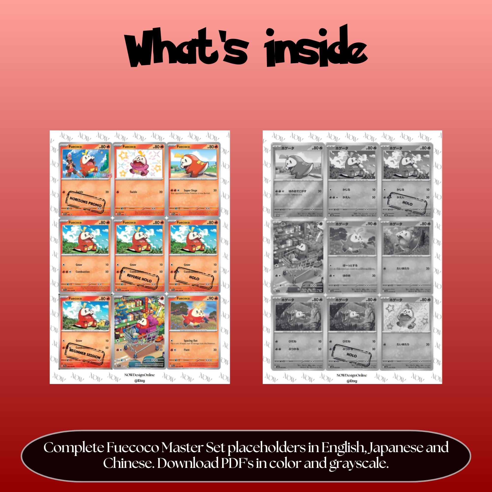 Fuecoco binder pages set overview showing the included Pokémon cards to print and cut for your binder sleeves.