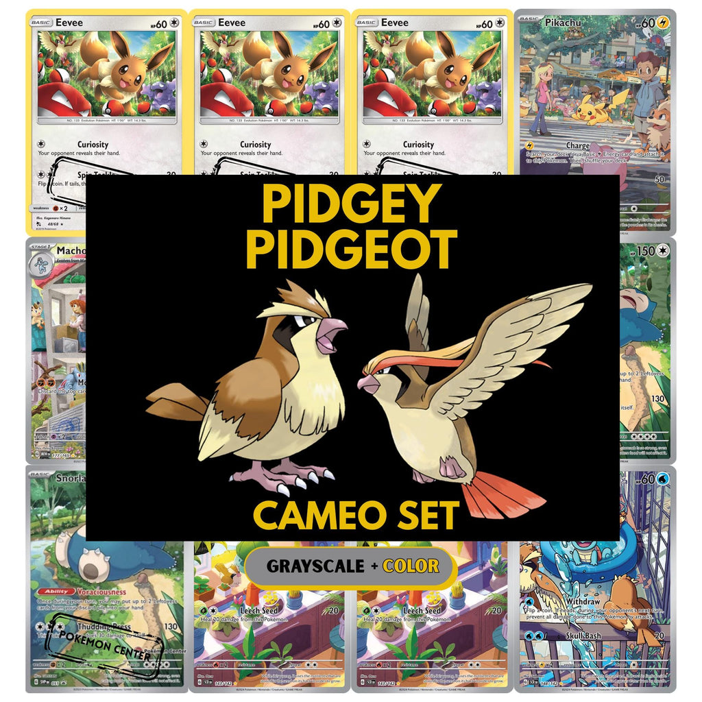 Pidgey & Pidgeot Cameo binder pages set showing grayscale and color Pokémon cards, designed as a digital download to complete a collector’s binder.