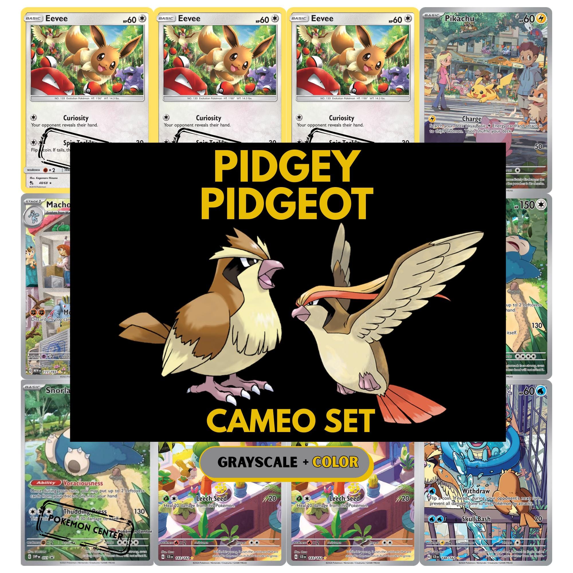 Pidgey & Pidgeot Cameo binder pages set showing grayscale and color Pokémon cards, designed as a digital download to complete a collector’s binder.