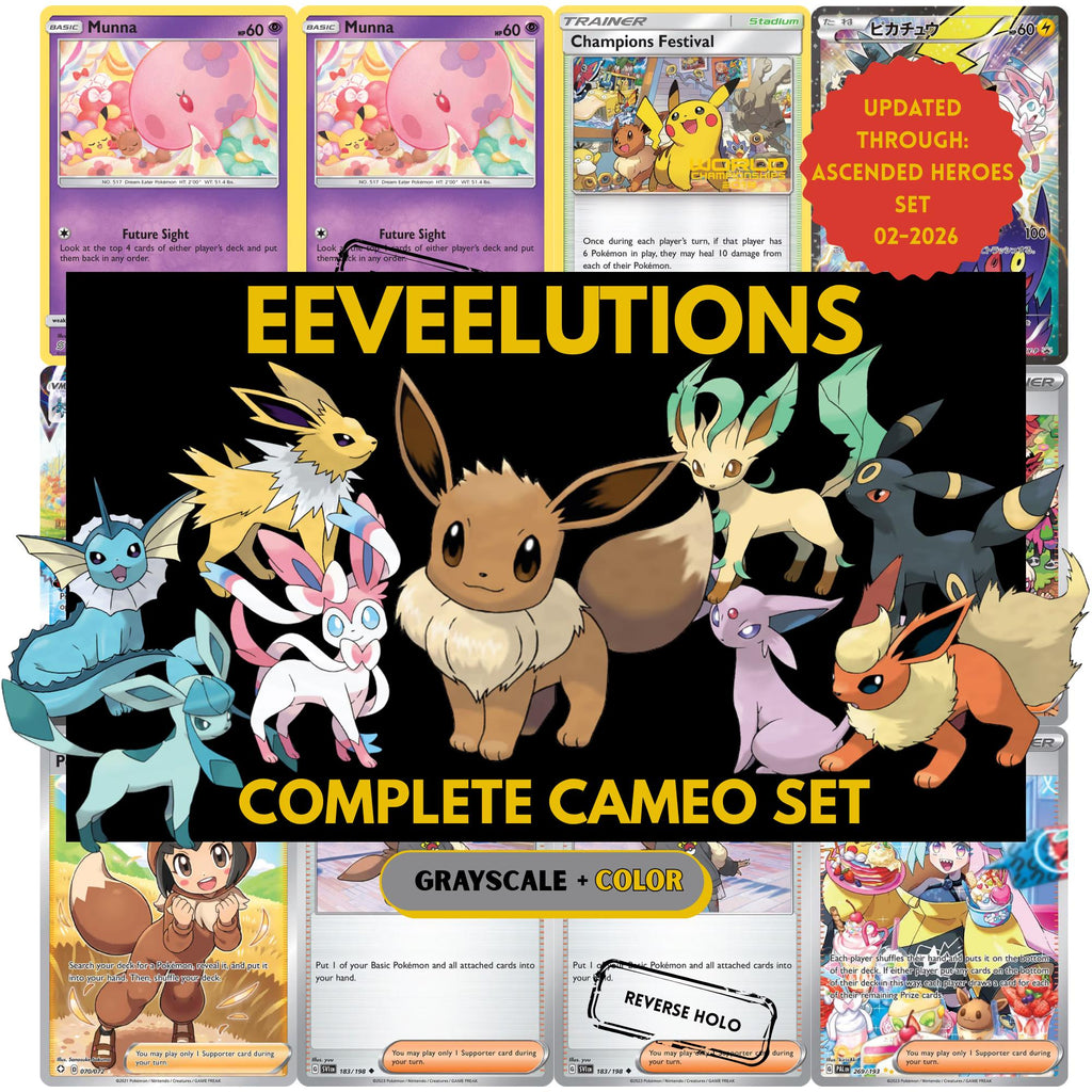 Eeveelutions Cameo binder pages set showing grayscale and color Pokémon cards, designed as a digital download to complete a collector’s binder.