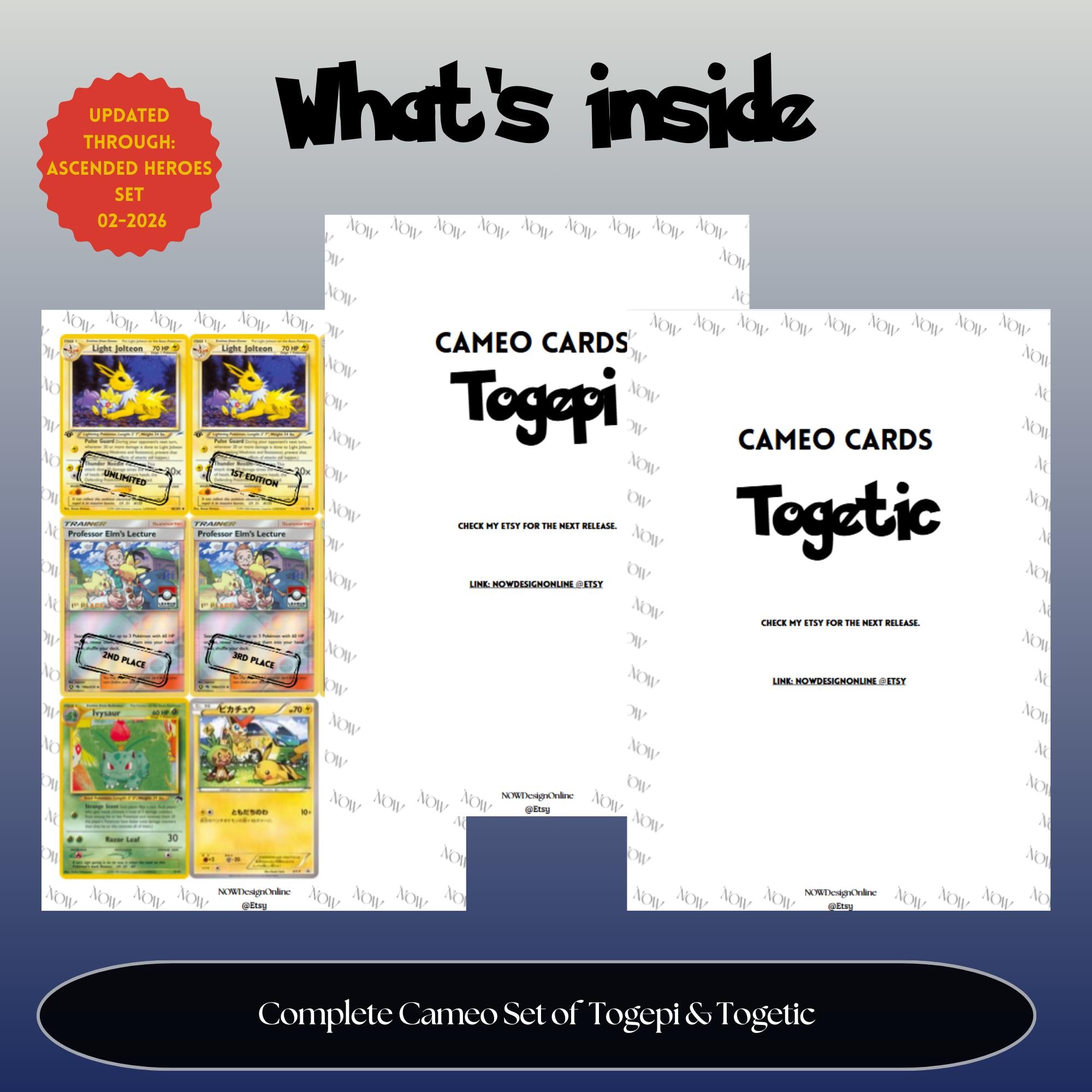 Togepi & Togetic Cameo binder pages set overview showing the included Pokémon cards to print and cut for your binder sleeves.