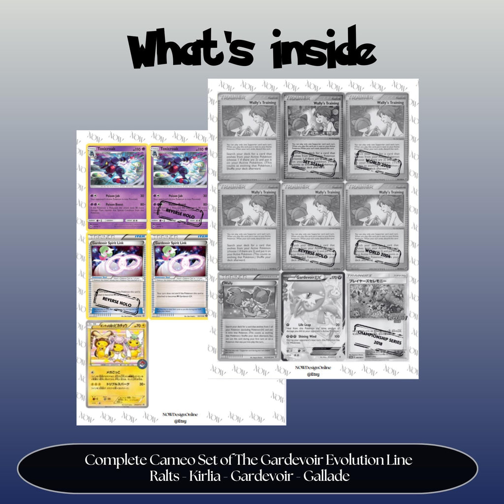 Gardevoir and Evolutions Cameo binder pages set overview showing the included Pokémon cards to print and cut for your binder sleeves.