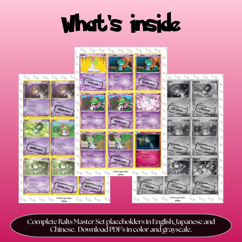 Ralts binder pages set overview showing the included Pokémon cards to print and cut for your binder sleeves.